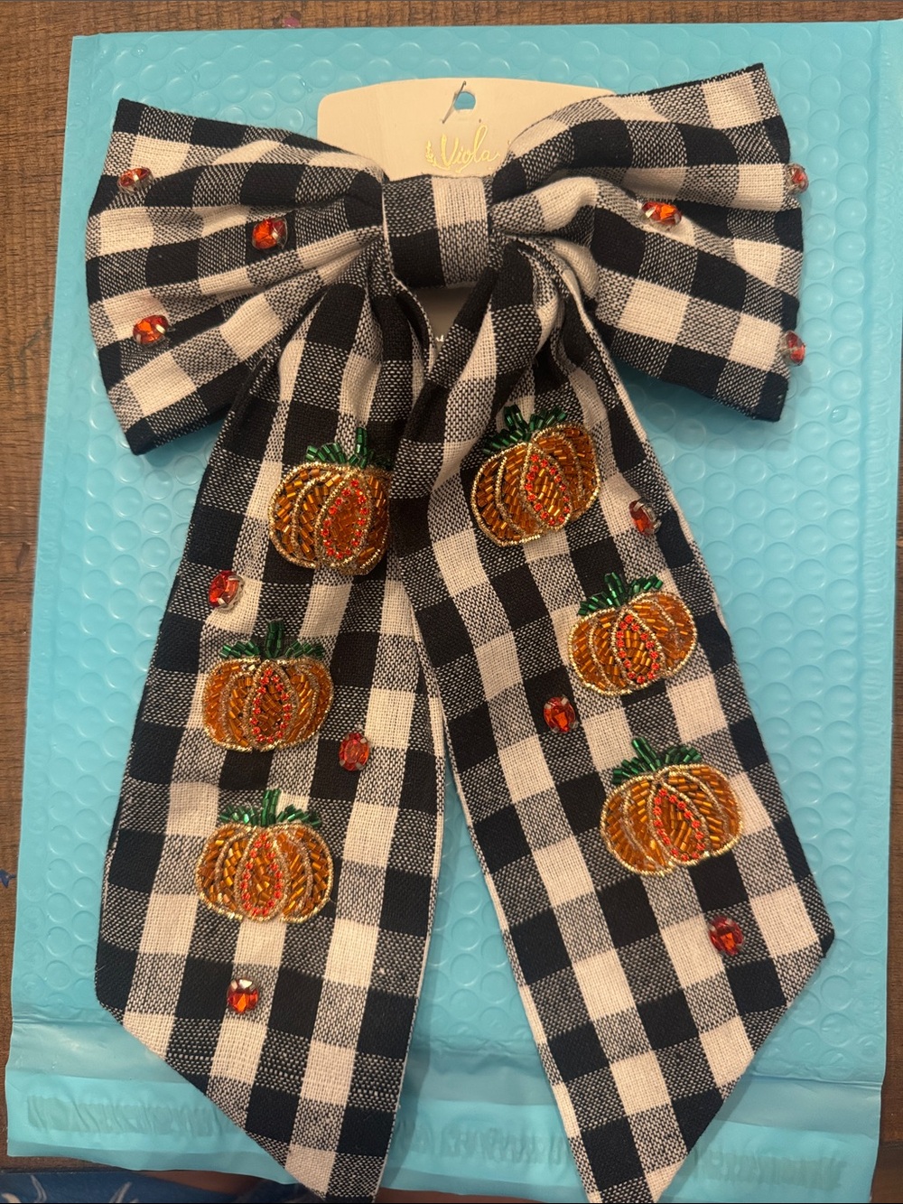Kids Black & White Gingham Bow with Embroidered Orange Pumpkins -